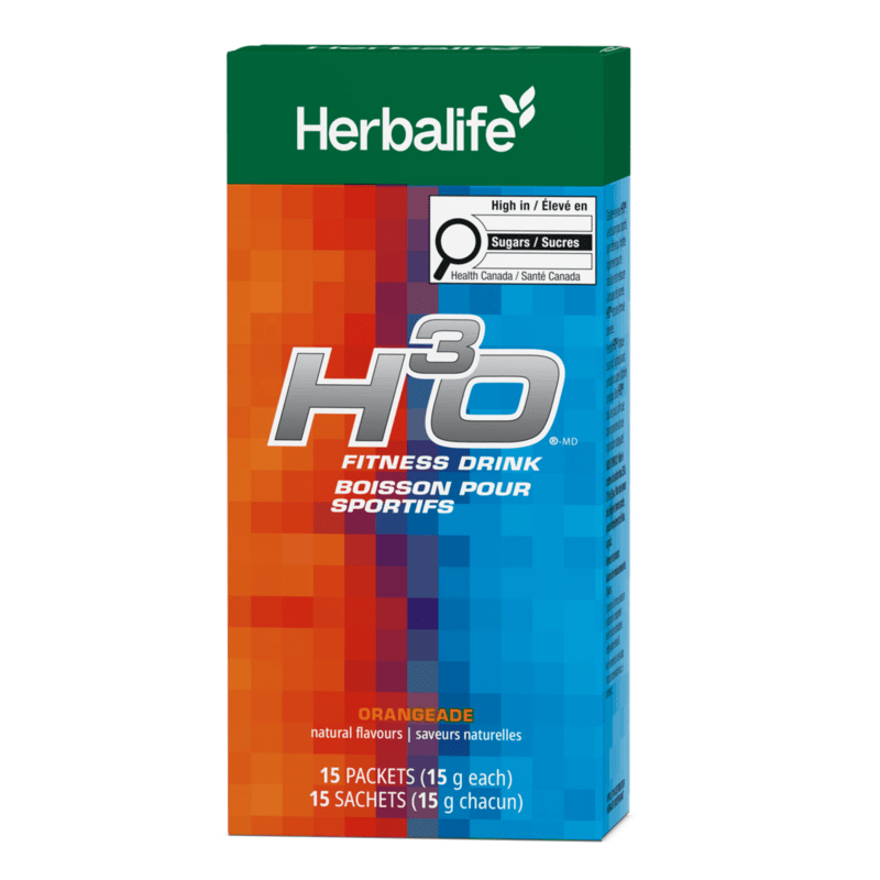H3O Fitness Drink in orangeade flavor with 15 packets for hydration before, during, or after activities.