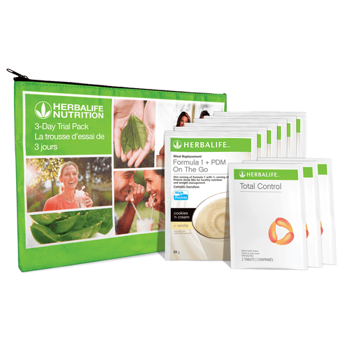 Herbalife 3-Day Trial Pack including Formula 1, PDM On The Go and Total Control packets for weight loss support.
