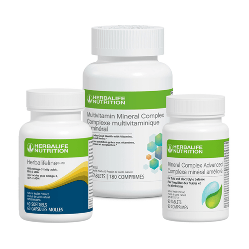 Daily Nutrition Pack | Vitamins, Minerals & Omega-3 featuring Herbalife products including Multivitamin and Mineral Complex.