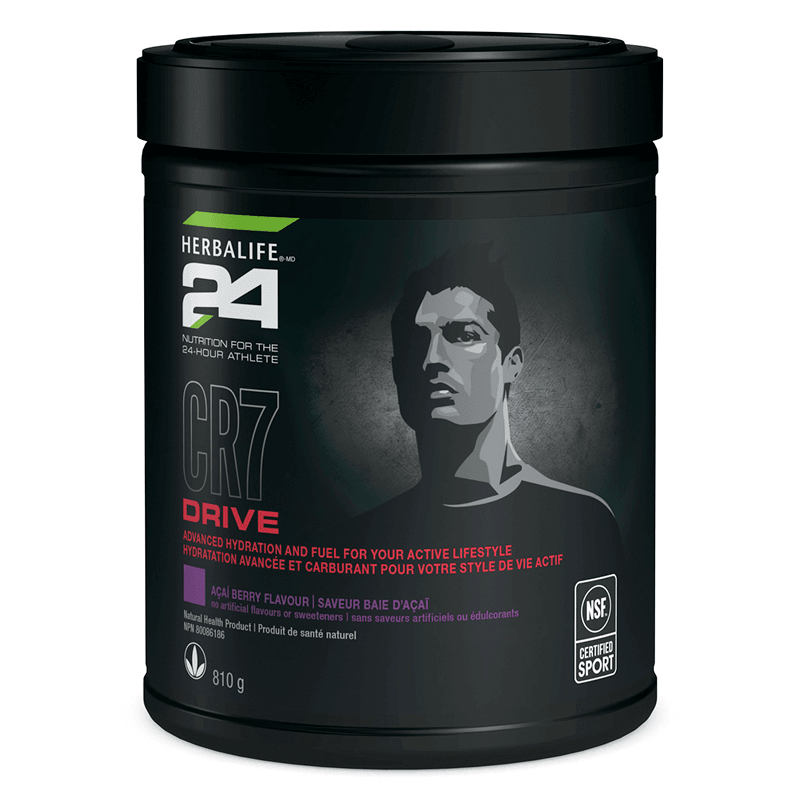 Herbalife 24 Drive Acai Berry canister showcasing advanced hydration and energy for workouts, 810g sports drink without artificial flavors.