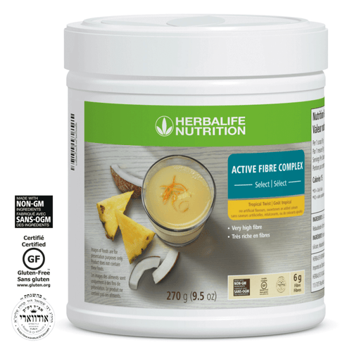 Active Fibre Complex Select: Tropical Twist packaging with tropical flavors, highlighting high fiber content.
