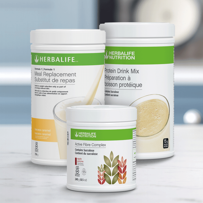 Nutrition Companion Classic Herbalife products including Meal Replacement, Protein Drink Mix with Banana Caramel flavor and Active Fibre Complex.