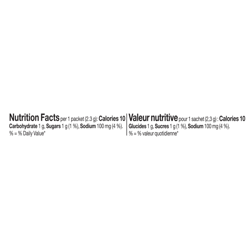 Nutrition facts for Beverage Enhancers Drink Mix Single-Serve Packets showing calories and nutrients per packet.