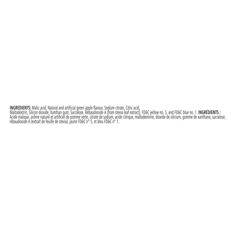Ingredients list for Beverage Enhancers Drink Mix Single-Serve Packets including green apple flavour and sweeteners.