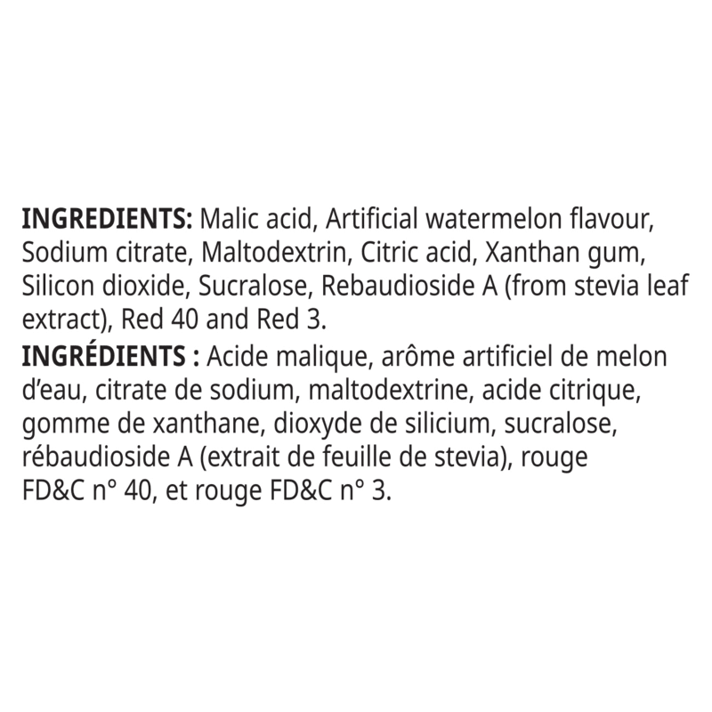 Ingredients list for Beverage Enhancers Drink Mix featuring malic acid, artificial flavors, and sweeteners.