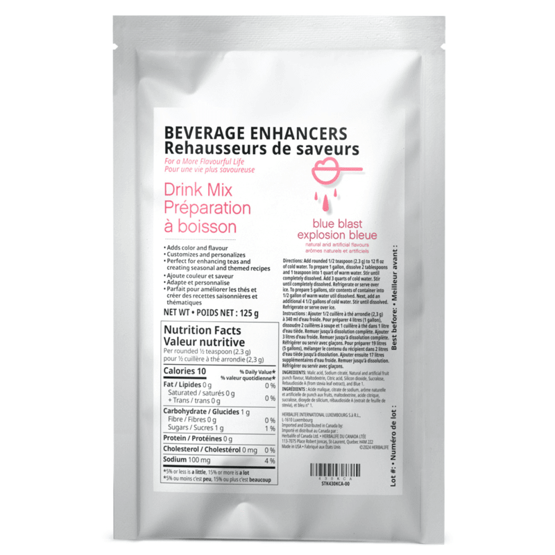 Beverage Enhancers Drink Mix blue blast packaging featuring nutrition facts and usage instructions for flavorful drinks.