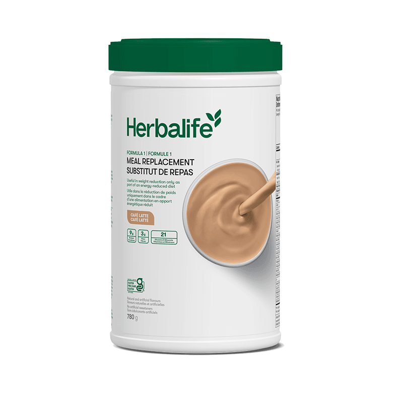 Formula 1 Complete Meal Replacement Shake in Café Latte flavor, 780 g container with creamy shake inside.