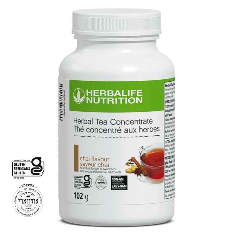 Herbal Tea Concentrate 102g by Herbalife Nutrition, chai flavor, low calorie, non-GM ingredients, gluten-free tea mix.