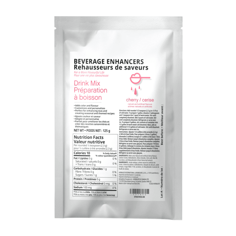 Beverage Enhancers Drink Mix Cherry flavor packet with instructions and nutrition facts on the back.