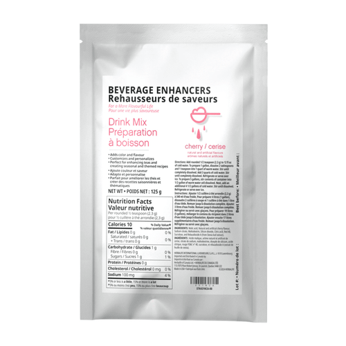 Beverage Enhancers Drink Mix Cherry flavor packet with instructions and nutrition facts on the back.