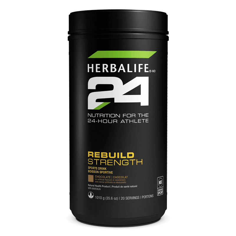 Herbalife24 Rebuild Strength chocolate sports drink container with tri-core protein blend for muscle building.
