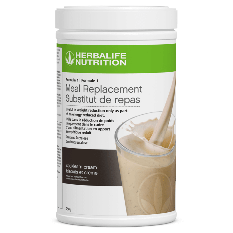 Formula 1 Complete Meal Replacement Shake Cookies 'n Cream flavor in a 750 g container with a glass of shake.
