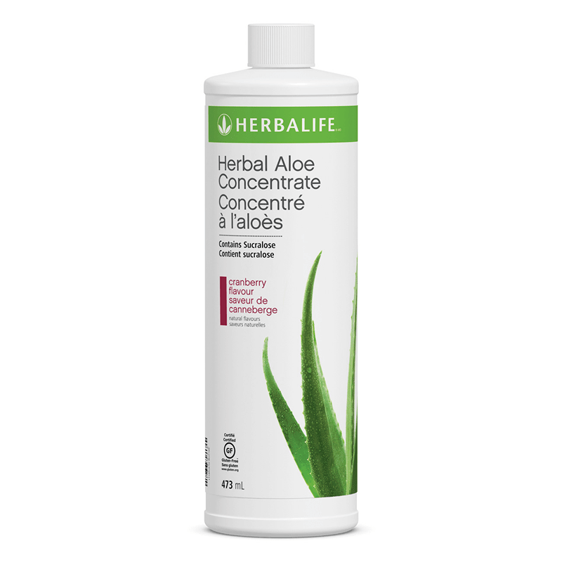 Herbal Aloe Concentrate 473 ml bottle with cranberry flavor and aloe vera for a refreshing drink alternative.