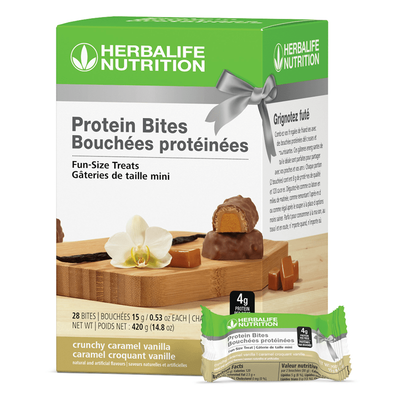 Protein Bites package featuring crunchy caramel vanilla flavor with fun-size treats by Herbalife Nutrition.