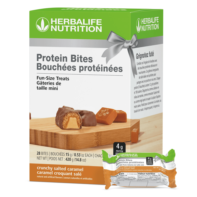 Protein Bites box with crunchy salted caramel flavor, fun-size treats for weight management and cravings satisfaction.