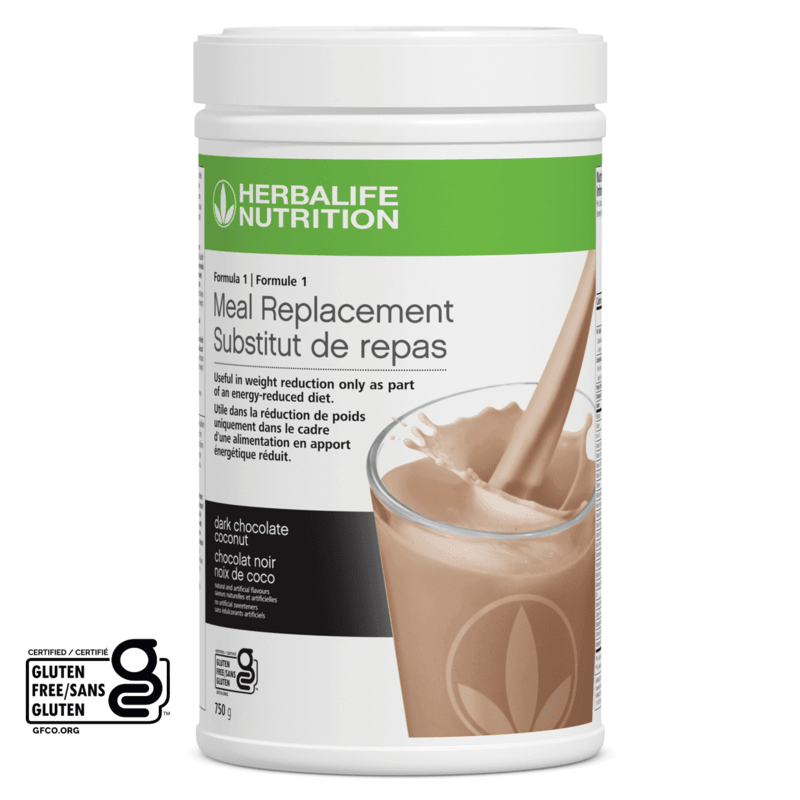 Formula 1 Complete Meal Replacement Shake in Dark Chocolate Coconut flavor, 750 g, by Herbalife Nutrition.