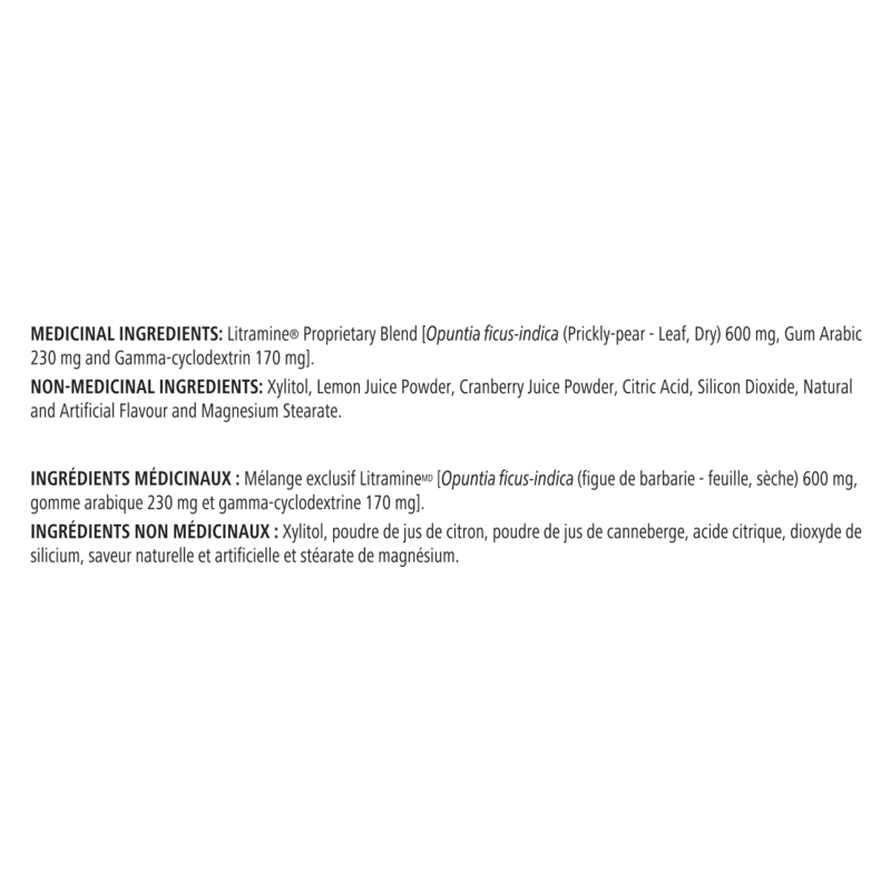 Ingredients list for Dietary Fat Disrupter, including Litramine® and other components.