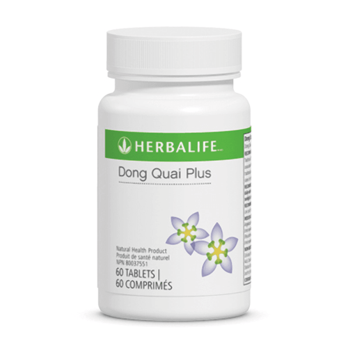 Herbalife Dong Quai Plus supplement bottle with 60 tablets for menstrual pain relief and sleep aid.
