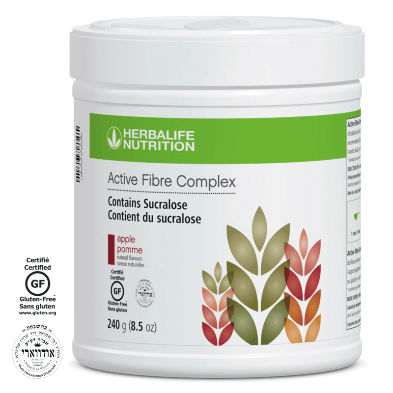 Active Fibre Complex by Herbalife Nutrition, gluten-free dietary fibre supplement with apple flavor, promoting digestive health.