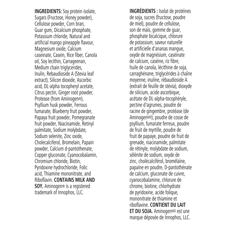 Ingredients list for Formula 1 Complete Meal Replacement Shake, highlighting soy protein isolate, sugars, and essential nutrients.