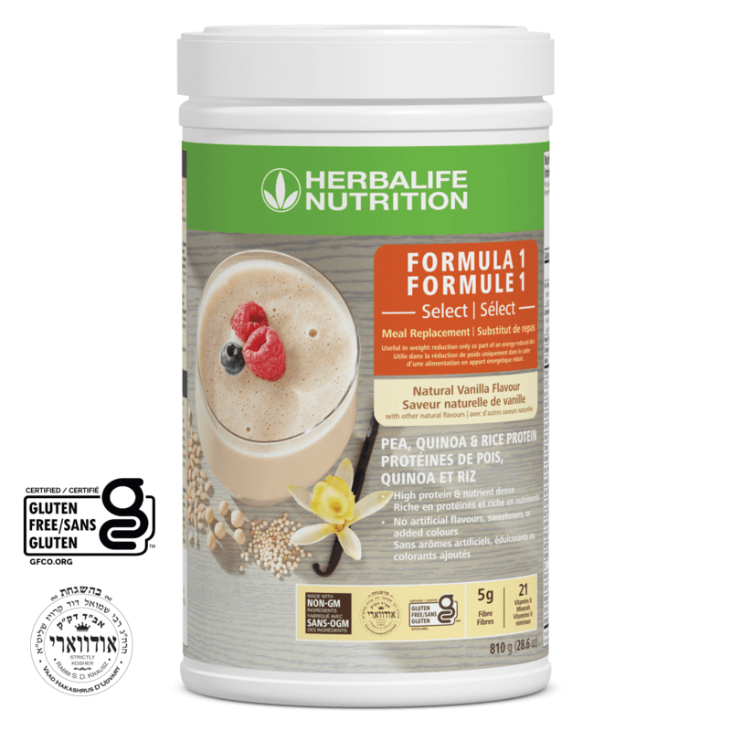 Formula 1 Select: Natural Vanilla flavour meal replacement shake with pea, quinoa, and rice protein.