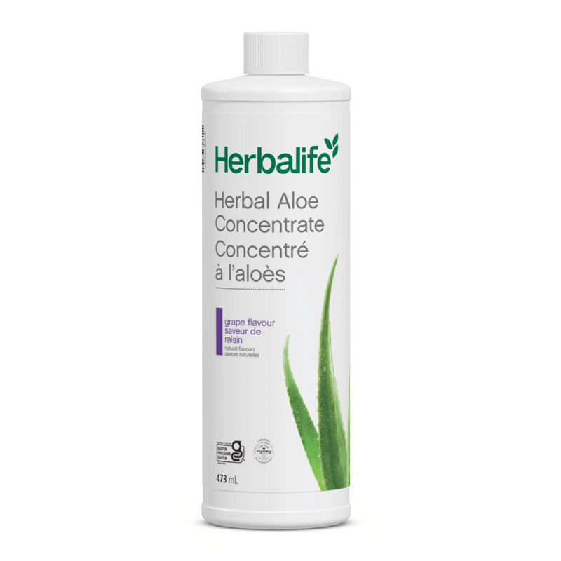Herbal Aloe Concentrate 473 ml bottle with grape flavor, made from premium aloe vera for a refreshing drink alternative.