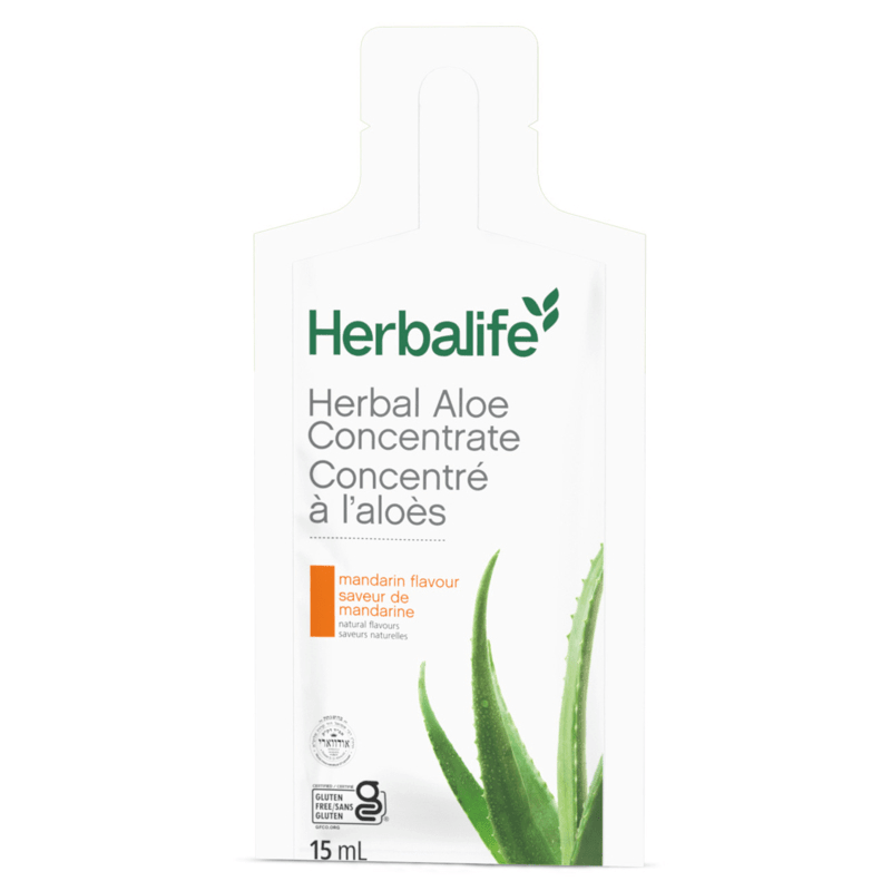 Herbal Aloe Concentrate Single-Serve Packets in mandarin flavor with aloe vera leaf design, ideal for on-the-go hydration.