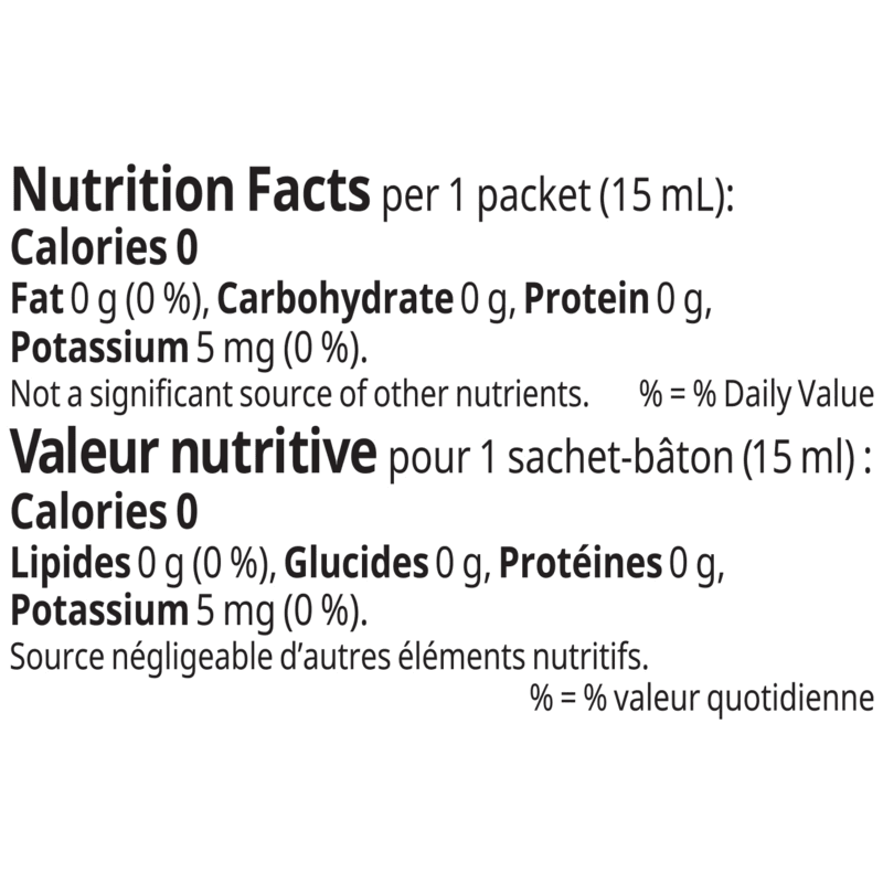 Nutrition facts for Herbal Aloe Concentrate Single-Serve Packets showing calories, fat, carbohydrate, protein, and potassium.