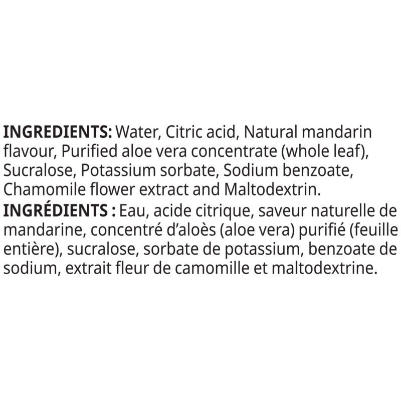 Ingredients list for Herbal Aloe Concentrate Single-Serve Packets, including aloe vera and natural flavors.