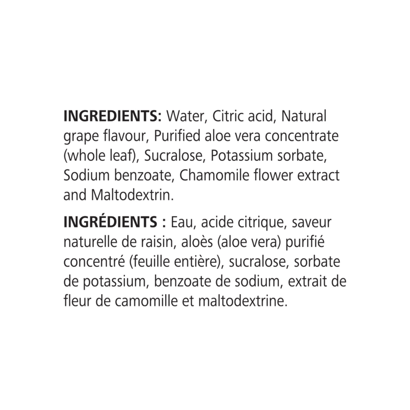 Ingredients of Herbal Aloe Concentrate: water, citric acid, natural grape flavour, and more.