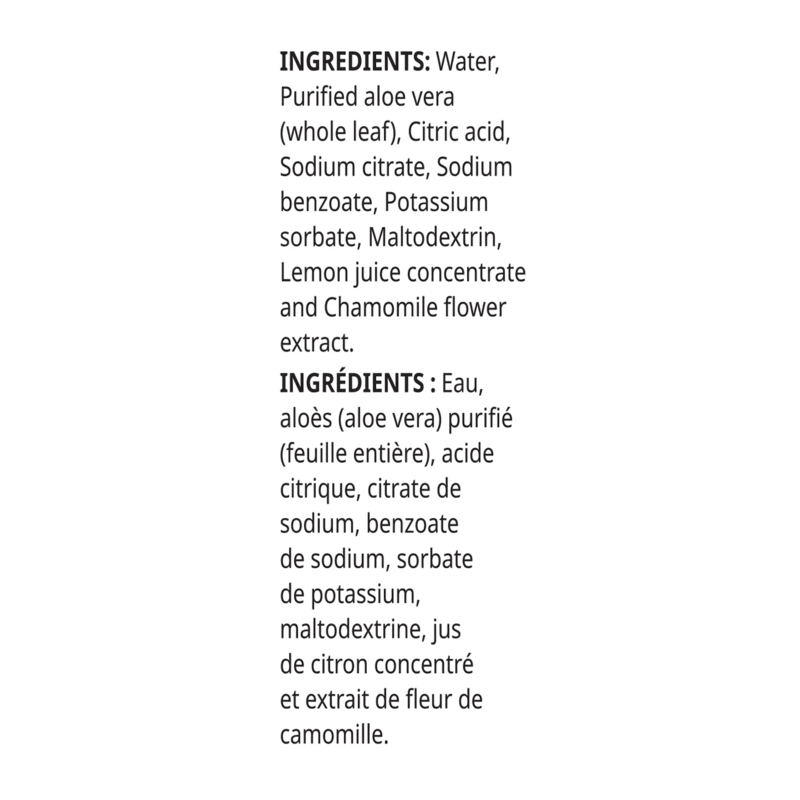 Ingredients list for Herbal Aloe Ready-to-Drink, highlighting premium aloe vera and chamomile benefits.