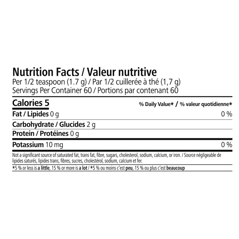 Nutrition facts for Herbal Tea Concentrate, showing calories, fat, carbs, protein, and potassium content.