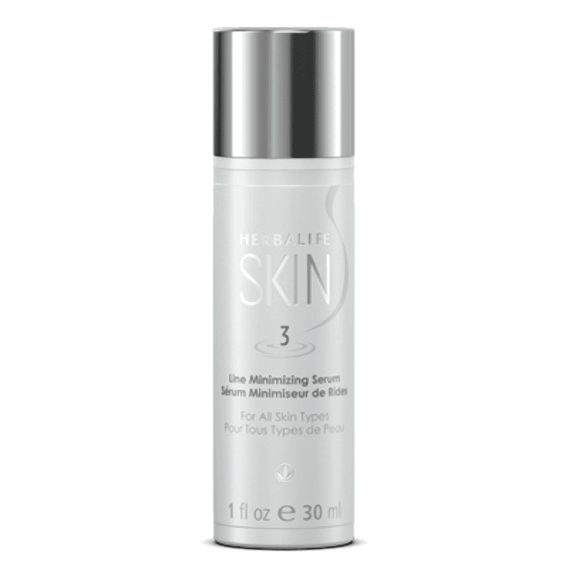 Herbalife SKIN Line Minimizing Serum in a sleek bottle, suitable for all skin types, enhancing youthfulness.