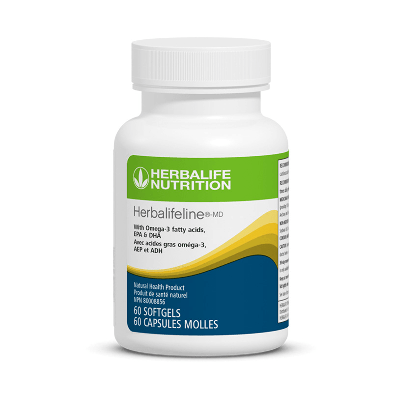 Herbalifeline softgels bottle with Omega-3 fatty acids for cardiovascular health support.