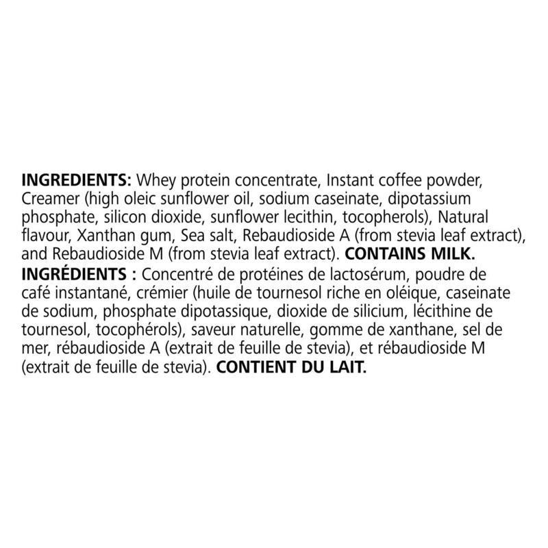 Ingredients list for High Protein Iced Coffee including whey protein, instant coffee, and natural flavors.