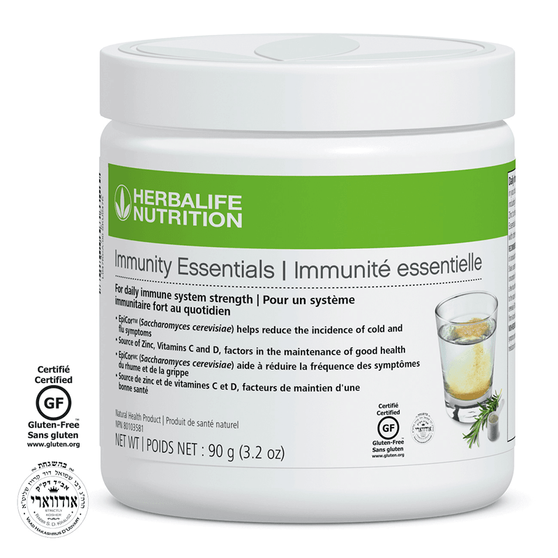 Immunity Essentials product container for daily immune support with herbal ingredients and micronutrients.