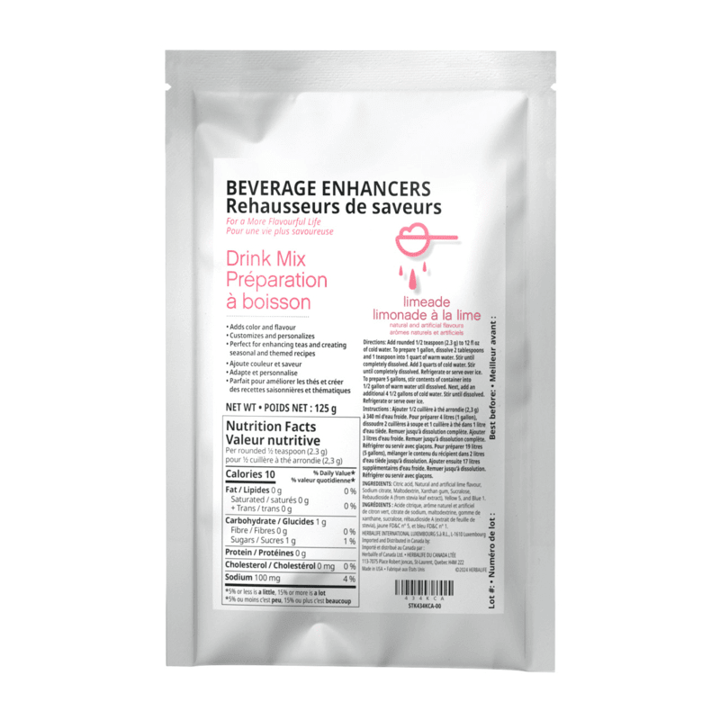 Beverage Enhancers Drink Mix in limeade flavor with nutritional facts and usage instructions on packaging.