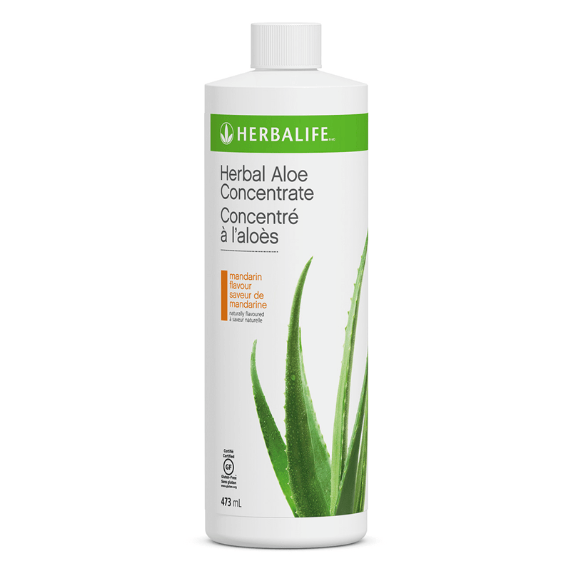 Herbal Aloe Concentrate: Mandarin 473ml bottle with aloe vera plant on label, naturally flavored drink replacement for soda.