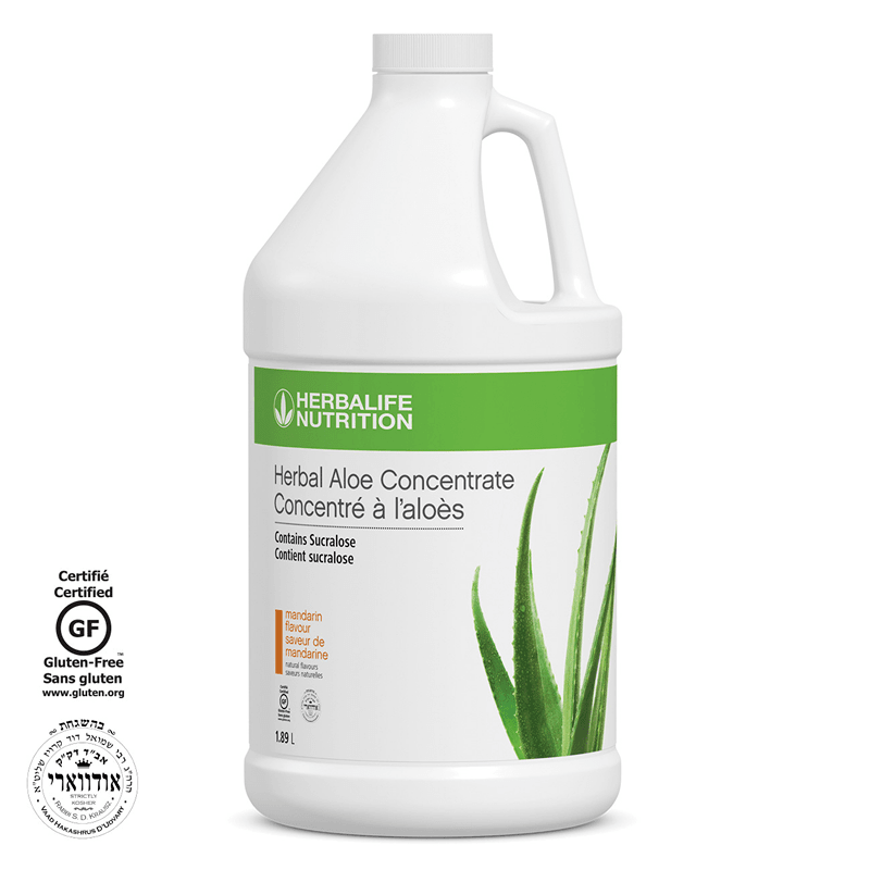 Herbal Aloe Concentrate: Mandarin 1.89L bottle showcasing aloe vera and mandarin flavor, ideal soda substitute.