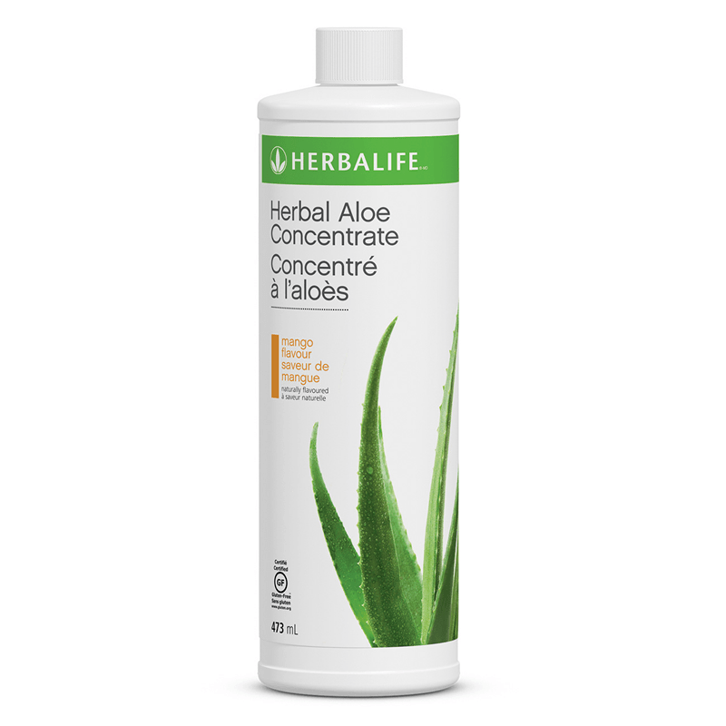 Herbal Aloe Concentrate in mango flavor, 473 ml bottle, made with premium aloe vera for a refreshing drink alternative.