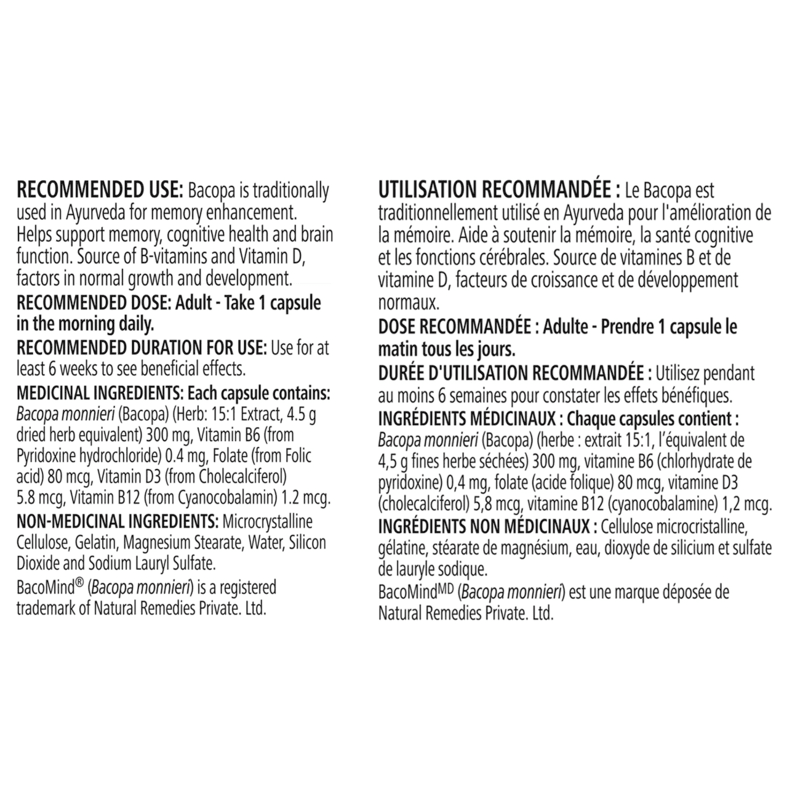 Brain Health Support Capsules - MemoryArmor recommended use and ingredients information in English and French.