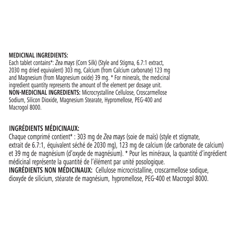 Herbal Aloe Fluid Balance Tablets ingredient list showing corn silk, calcium, magnesium and non-medicinal components.