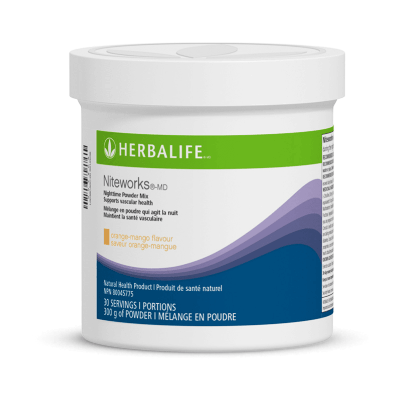 Niteworks powder mix container, orange-mango flavor, supports vascular health, 30 servings, by Herbalife.