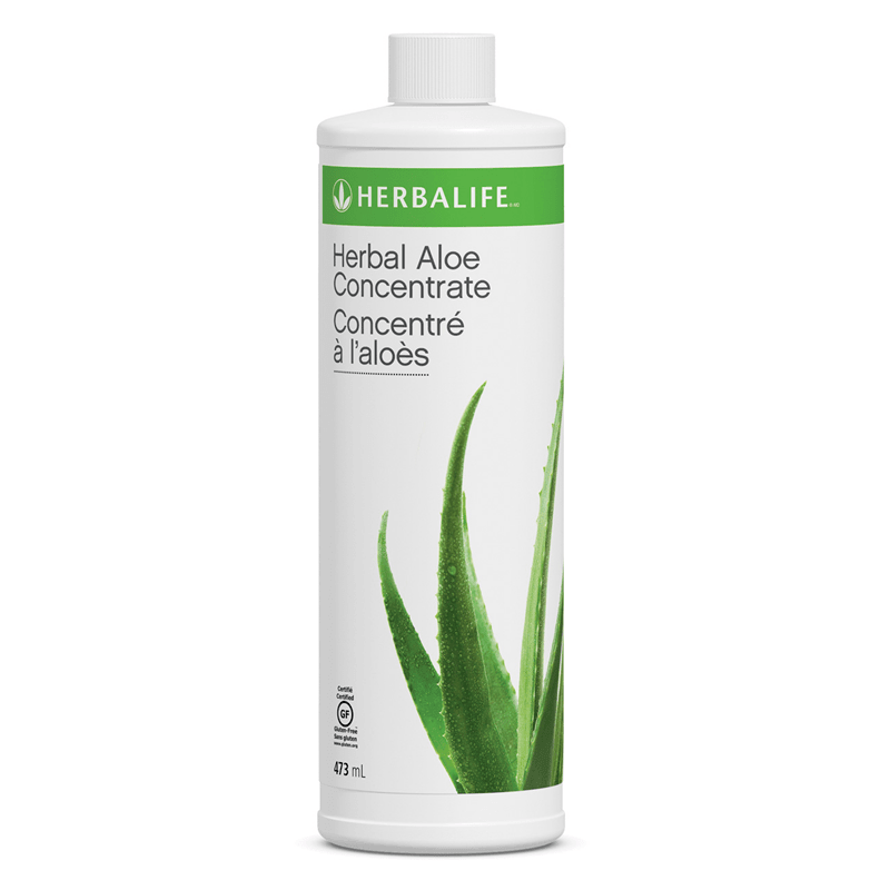 Herbal Aloe Concentrate 473 ml bottle featuring aloe vera plant, a refreshing soda replacement.