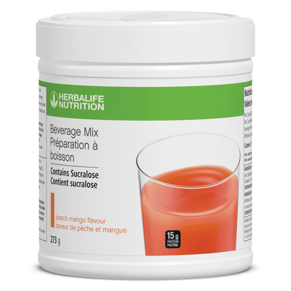 Beverage Mix Peach Mango flavor with 15 grams of protein in a container, low-calorie nutritious drink.