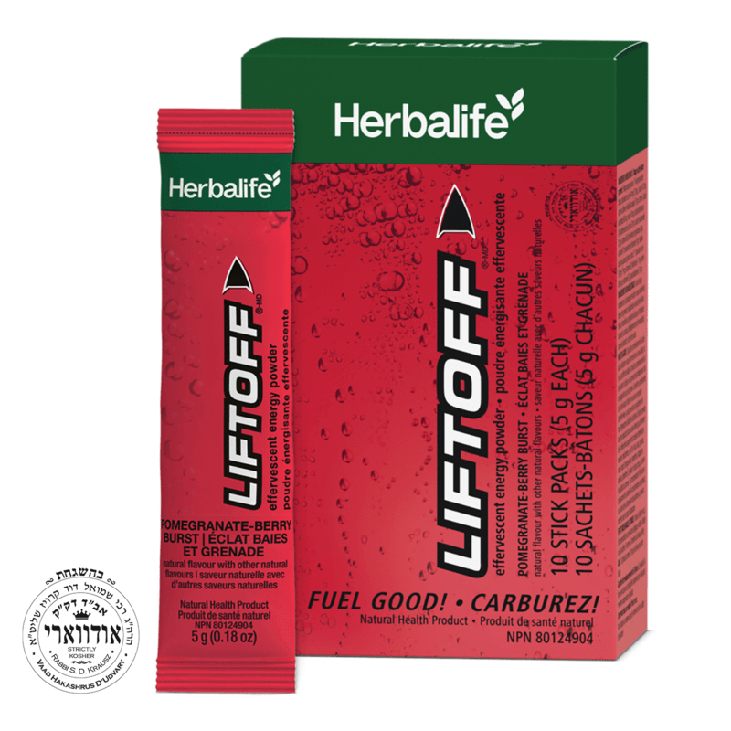 Liftoff-MD Focus Powder Sticks - Fight Fatigue and Stay Alert on the Go! Pomegranate-Berry packaging with stick pack.