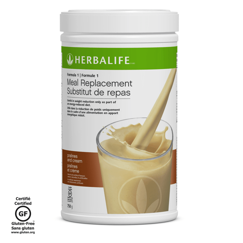 Formula 1 Complete Meal Replacement Shake in pralines and cream flavor, 750 g container with a glass of shake.