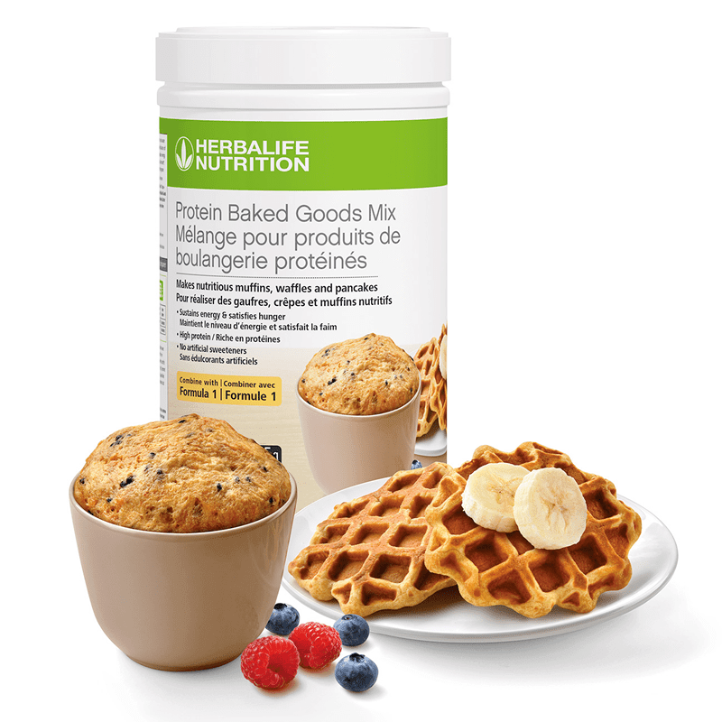 Protein Baked Goods Mix with muffins and waffles, showcasing a nutritious blend for healthy baking options.