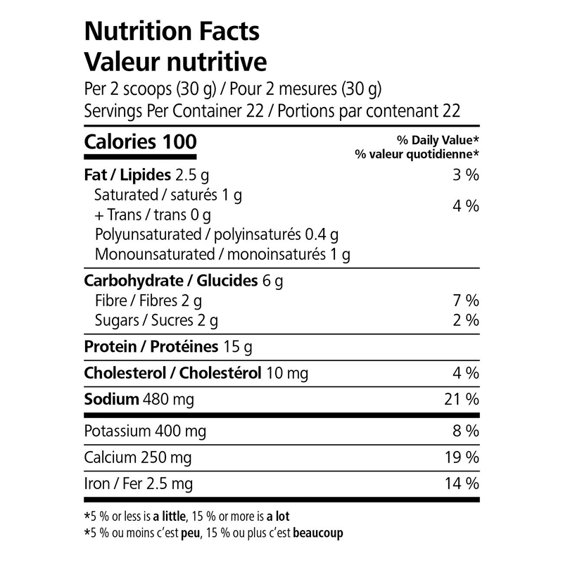 Nutrition facts label for Protein Baked Goods Mix, detailing protein, fat, carbohydrates, and vitamins and minerals.