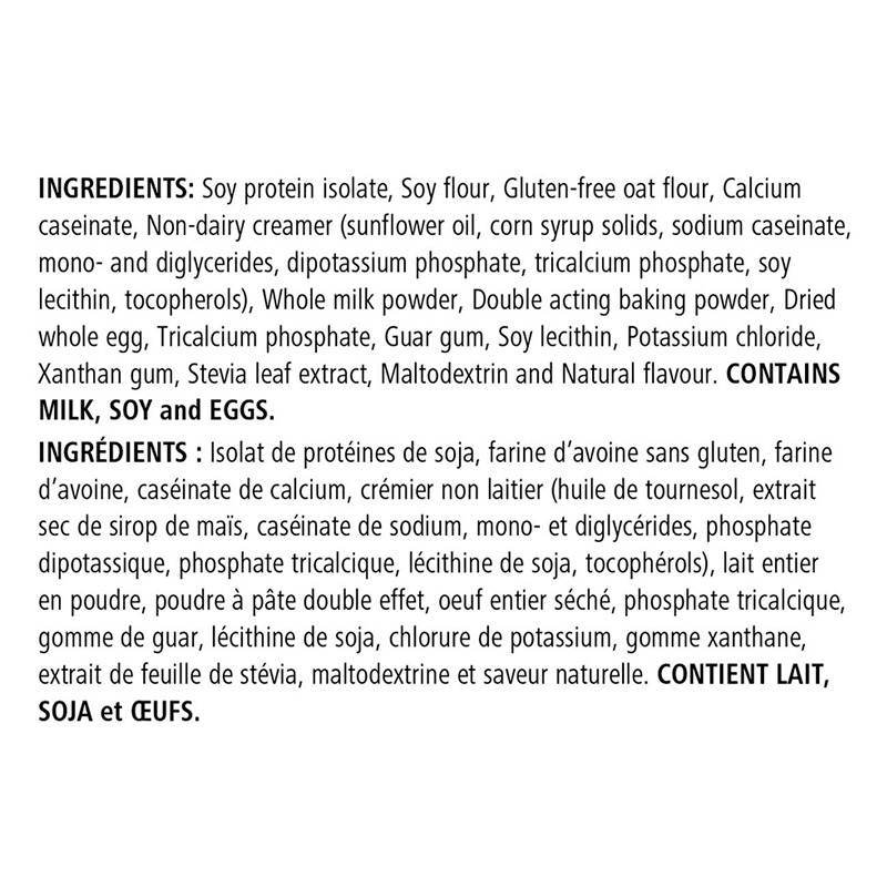 Ingredient list for Protein Baked Goods Mix showing soy protein, flour, and more, suitable for nutritious baking options.